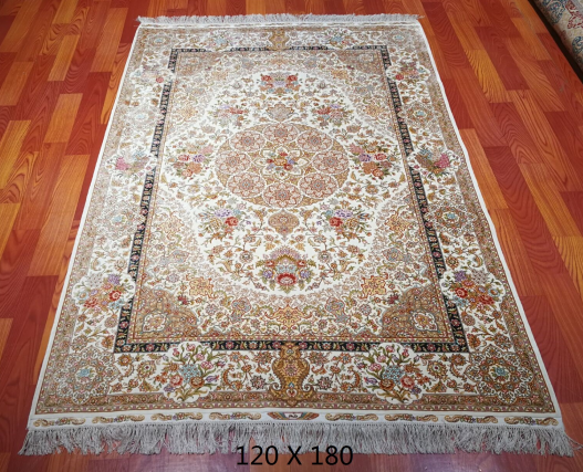 手工绢丝地毯4*6 TXW-1203白底小蓝边