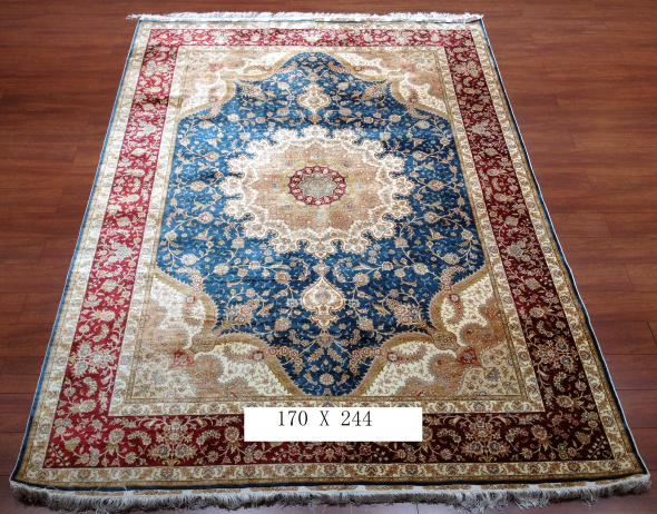 手工绢丝地毯 5.5*7.87 TXQ-0914蓝底红边