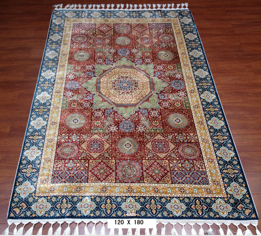 手工绢丝地毯  3.9*6 TXW-1115 红底蓝边