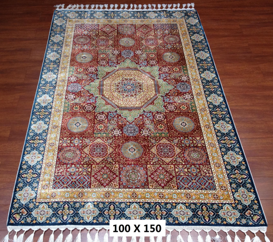 手工绢丝地毯  3.3*5  TXW-1115 红底蓝边